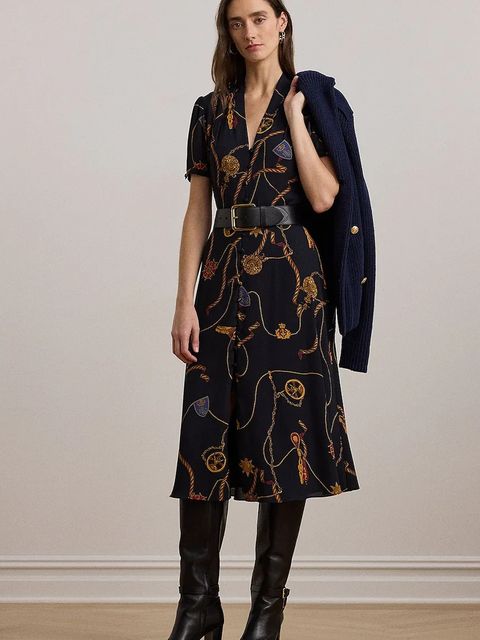 Lauren Ralph Lauren sukienka kolor granatowy midi rozkloszowana 200957152