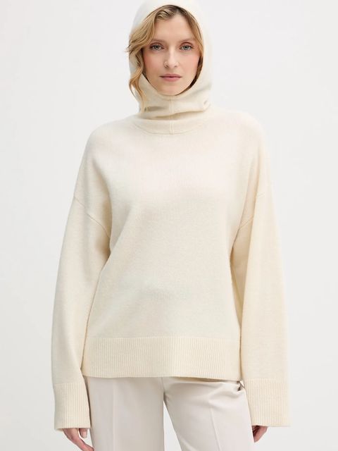 Barbour sweter wełniany damski kolor beżowy z golfem LKN1705 - zdjęcie produktu nr 1