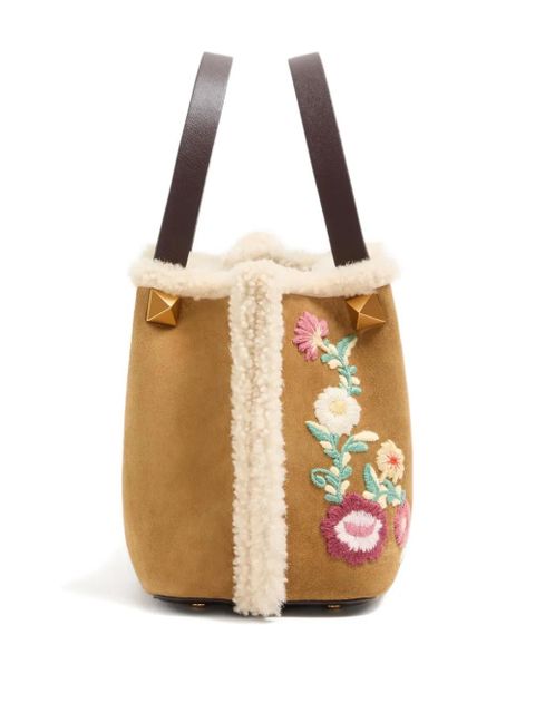 Valentino Garavani small embroidered-flowers suede tote bag - Neutrals