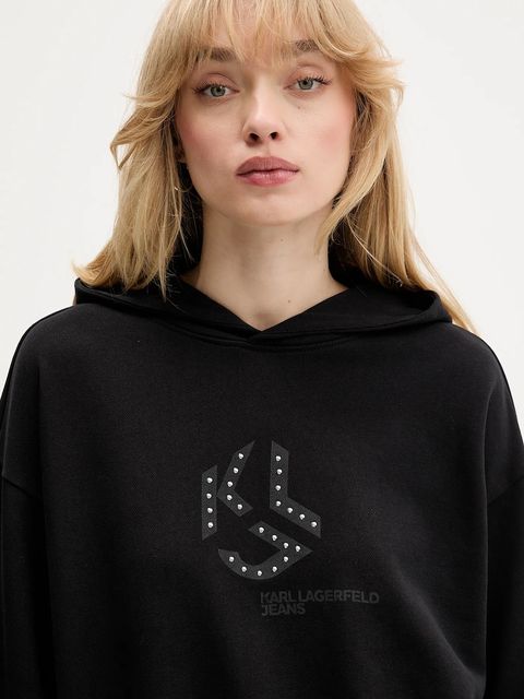 Karl Lagerfeld Jeans bluza bawełniana damska kolor czarny z kapturem z nadrukiem A4W20004