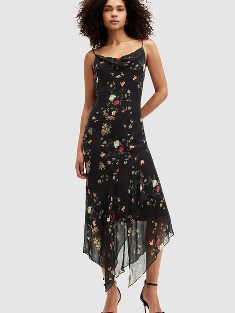 AllSaints sukienka CHARLOTTE KORA kolor czarny midi rozkloszowana W035DA