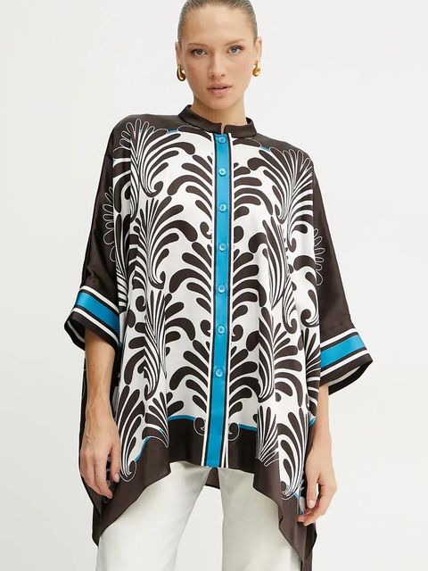 Luisa Spagnoli koszula jedwabna damska kolor brązowy relaxed ze stójką 541734 - zdjęcie produktu nr 1