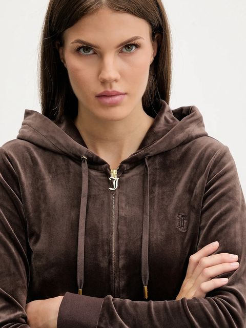 Juicy Couture bluza ROBERTSON HOODIE damska kolor brązowy z kapturem z aplikacją JCAP176G