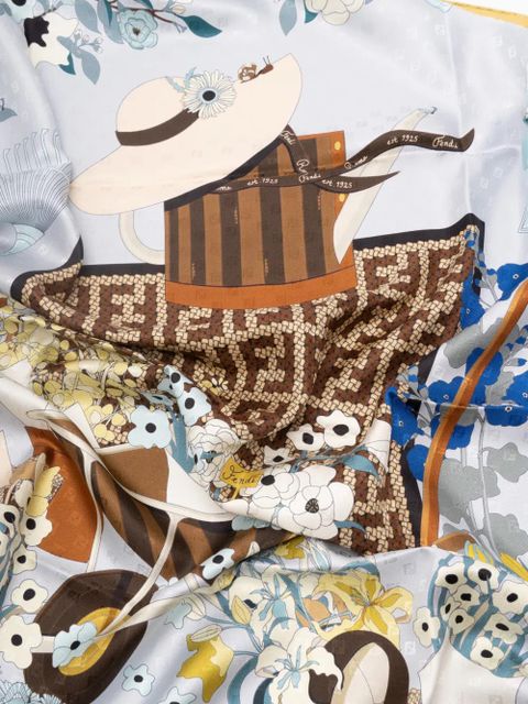 FENDI Gardening-print silk scarf - Blue