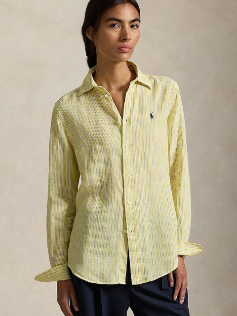 Polo Ralph Lauren koszula lniana damska kolor żółty regular z kołnierzykiem klasycznym 211A96158 - zdjęcie produktu nr 1