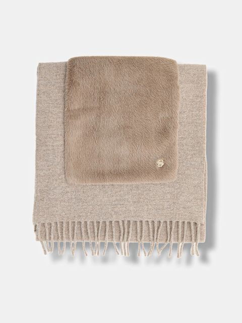 BOSS szalik z dodatkiem wełny damski kolor brązowy gładki 50552112