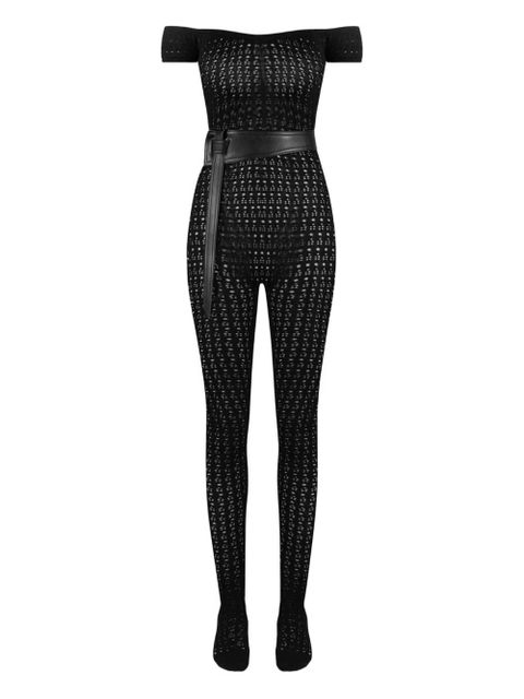 Manière De Voir Martine pointelle-knit Bardot-neck belted jumpsuit - Black - zdjęcie produktu nr 1