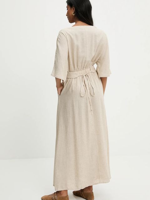 Answear.LAB sukienka z domieszką lnu kolor beżowy maxi rozkloszowana