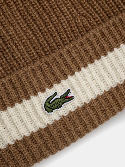 Lacoste czapka wełniana kolor beżowy z cienkiej dzianiny wełniana