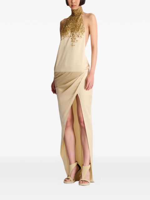 Balmain halterneck embroidered silk maxi dress - Neutrals - zdjęcie produktu nr 2