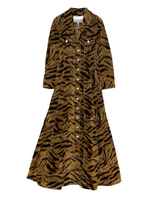 GANNI tiger-pattern button-up maxi dress - Brown