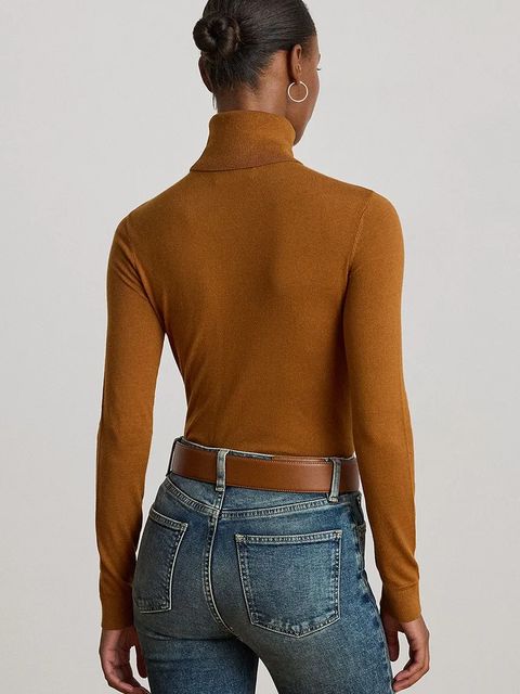 Lauren Ralph Lauren sweter z dodatkiem jedwabiu kolor brązowy z golfem 200940470