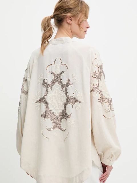 Answear.LAB marynarka z lnem kolor beżowy oversize wzorzysta