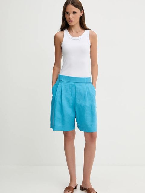 United Colors of Benetton szorty lniane kolor niebieski gładkie high waist 4AGHD901V