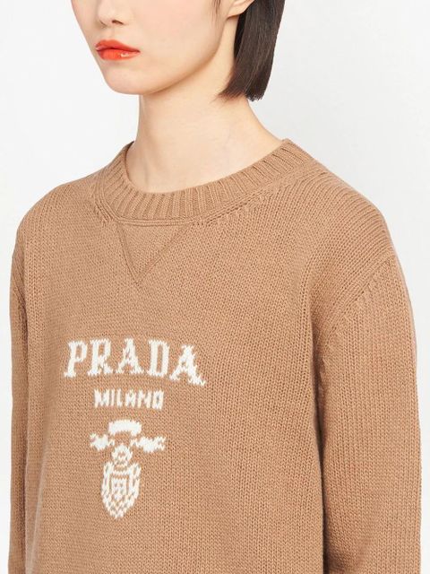 Prada crew-neck logo intarsia knit jumper - Brown
