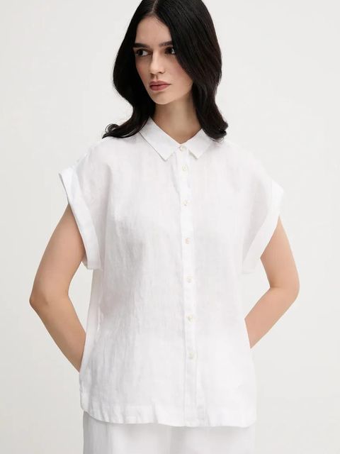 United Colors of Benetton koszula lniana kolor biały regular z kołnierzykiem klasycznym - zdjęcie produktu nr 1