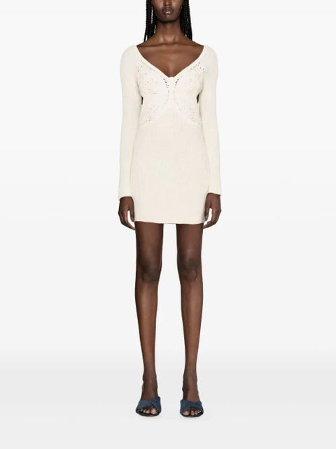 Blumarine butterfly-embroidered ribbed midi dress - Neutrals