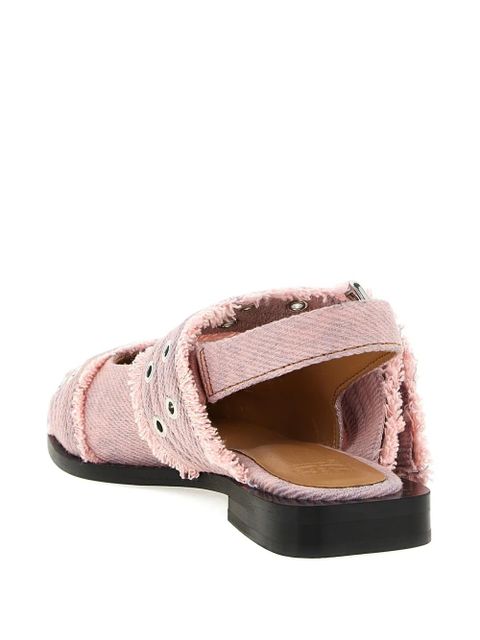 GANNI buckle fringed denim flat pumps - Pink