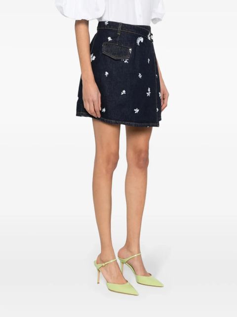 Lanvin floral-embroidered denim skirt - Blue