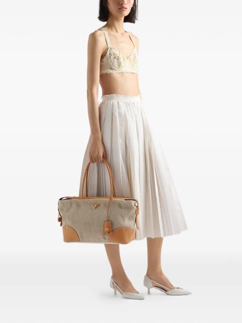 Prada large linen and leather tote bag - Neutrals