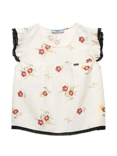 Prada linen top with floral motif - Neutrals - zdjęcie produktu nr 1
