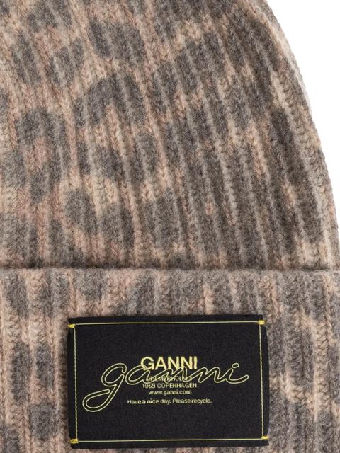 GANNI leopard logo beanie hat - Brown