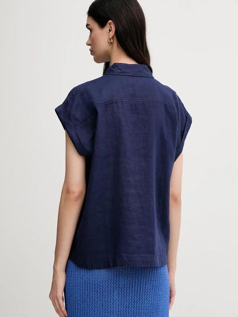 United Colors of Benetton koszula lniana kolor granatowy regular z kołnierzykiem klasycznym - zdjęcie produktu nr 2