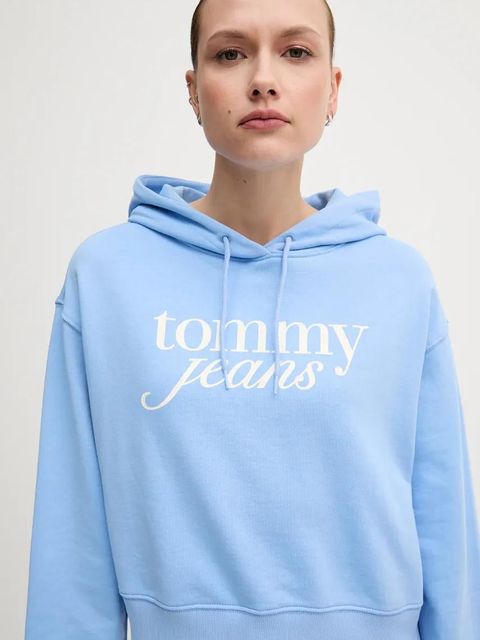 Tommy Jeans bluza bawełniana damska kolor niebieski z kapturem z nadrukiem DW0DW20306