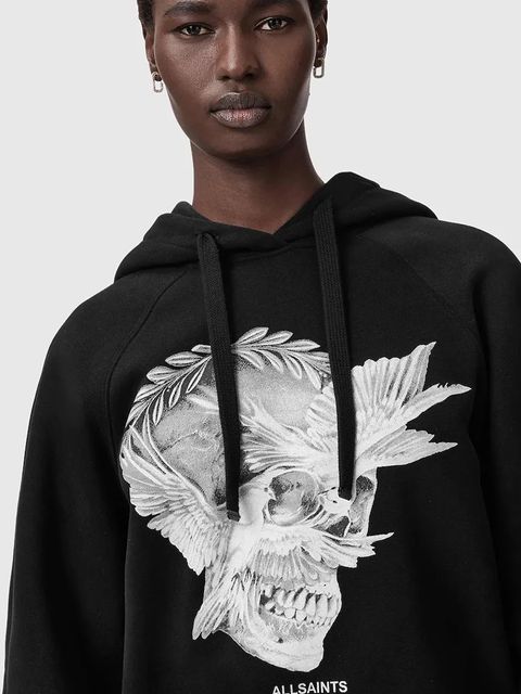 AllSaints bluza z bawełną damska kolor czarny z kapturem z nadrukiem W092JD