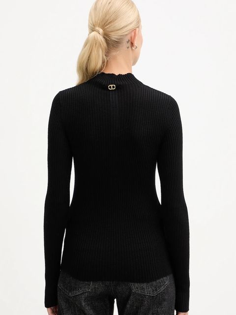 Twinset sweter wełniany damski kolor czarny lekki z półgolfem 252TT3111