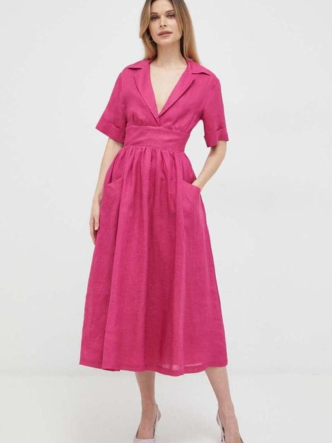 Bardot sukienka lniana kolor różowy midi rozkloszowana - zdjęcie produktu nr 1