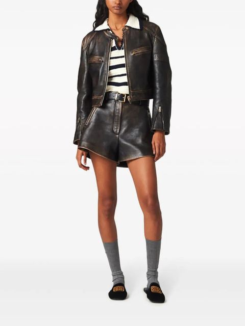Miu Miu distressed leather mini shorts - Brown - zdjęcie produktu nr 2