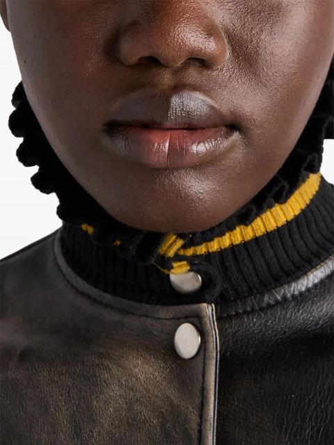 Prada logo-appliqué leather bomber jacket - Black