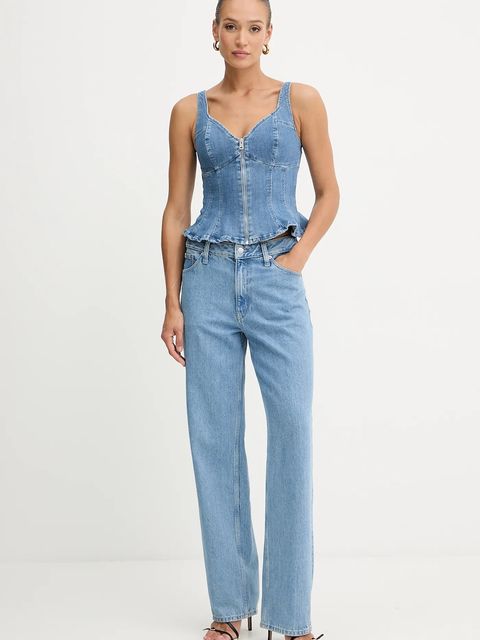 Guess top jeansowy ANIKA kolor granatowy gładka W5YH0Z D4LU0