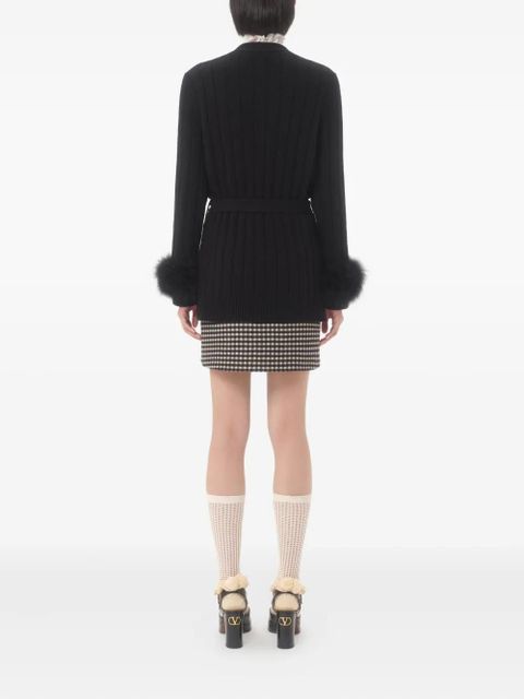 Valentino Garavani feather-cuff ribbed cardigan - Black