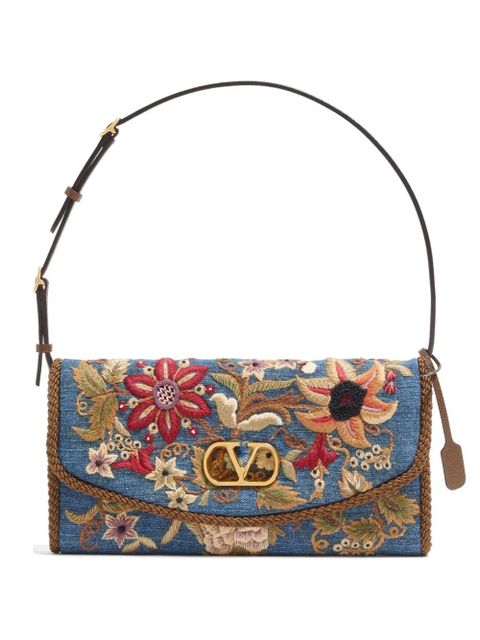 Valentino Garavani DeVain small embroidered denim shoulder bag - Blue - zdjęcie produktu nr 1