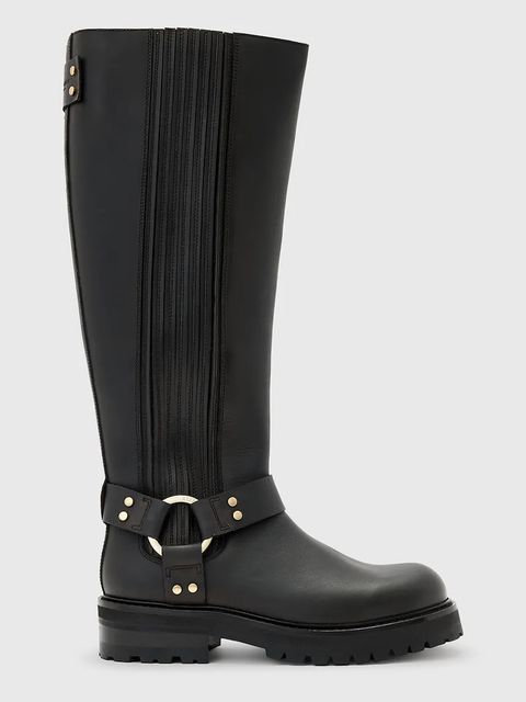 AllSaints kozaki skórzane Maddie High Boot damskie kolor czarny na płaskim obcasie W185FB - zdjęcie produktu nr 1