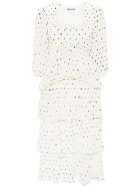 GANNI monogram-print pleated midi dress - Neutrals - zdjęcie produktu nr 1