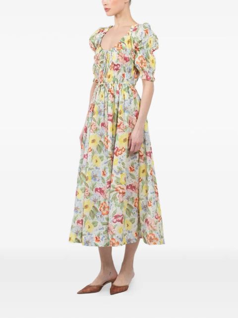 DÔEN Ischia shirred floral-print midi dress - Neutrals