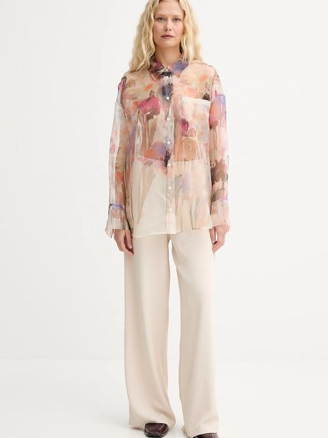 MUNTHE koszula jedwabna PRIAM damska kolor beżowy relaxed z kołnierzykiem klasycznym 252103025219