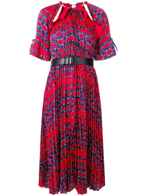 Self-Portrait pleated short-sleeve flared dress