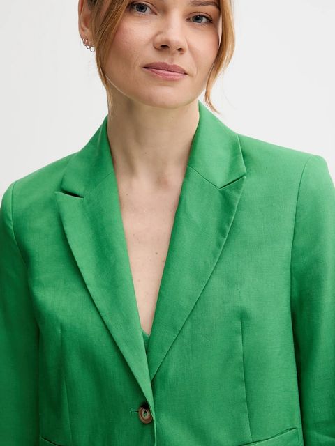 United Colors of Benetton marynarka lniana kolor zielony jednorzędowa gładka 2AGHDW037 - zdjęcie produktu nr 2