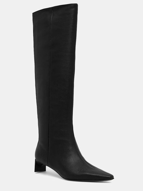Calvin Klein kozaki skórzane SET BACK KITTEN HEEL KNEE BOOT damskie kolor czarny na słupku HW0HW02587 - zdjęcie produktu nr 1