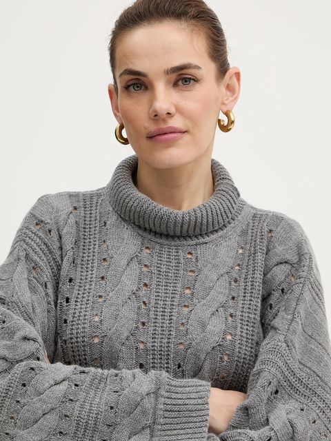 Twinset sweter z wełną damski kolor szary ciepły z golfem 252TT3101