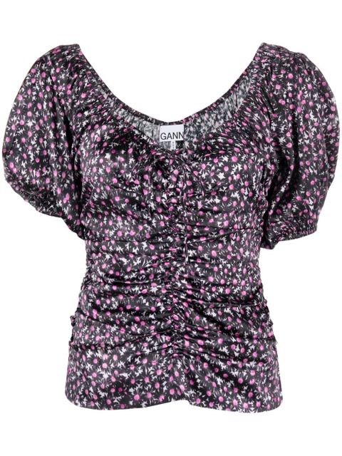 GANNI floral-print silk top - Black