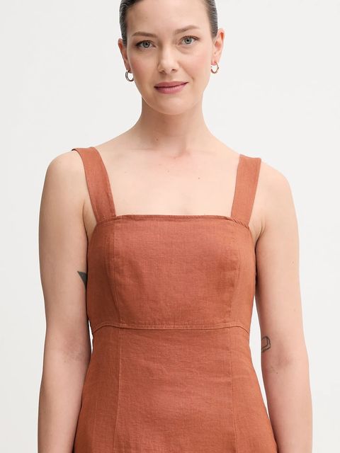 United Colors of Benetton sukienka lniana kolor pomarańczowy midi rozkloszowana 4AGHDV0AG