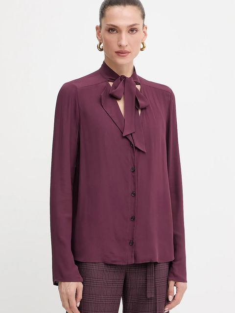 Patrizia Pepe koszula damska kolor bordowy regular z wiązanym dekoltem 8C0785 A8I1
