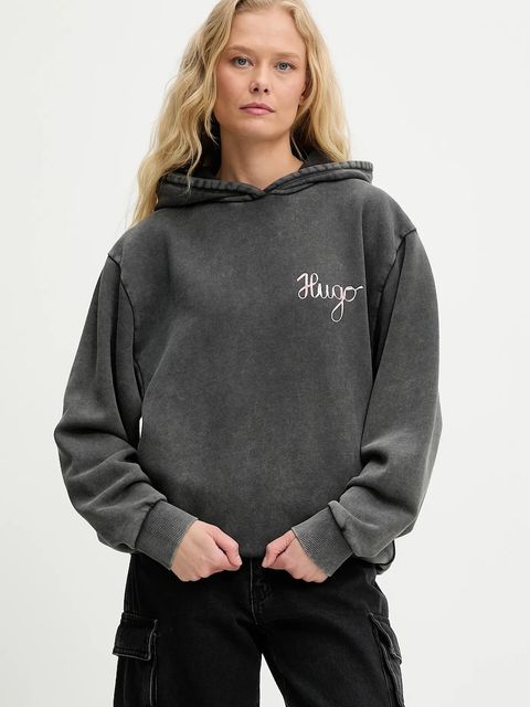 HUGO bluza bawełniana damska kolor szary z kapturem z nadrukiem 50544870 - zdjęcie produktu nr 1