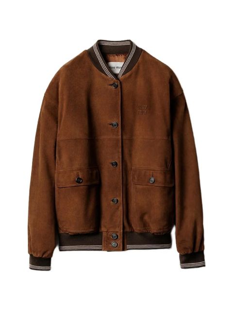 Miu Miu logo-patch suede bomber jacket - Brown - zdjęcie produktu nr 1