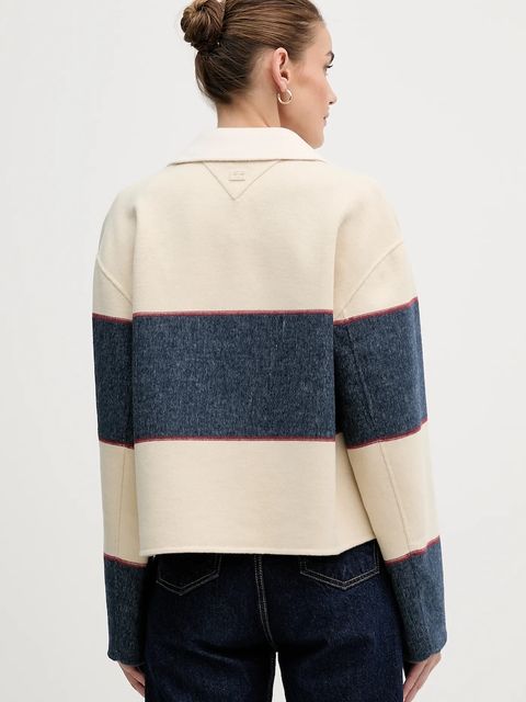 Tommy Hilfiger kurtka z dodatkiem wełny kolor beżowy przejściowa oversize WW0WW47743